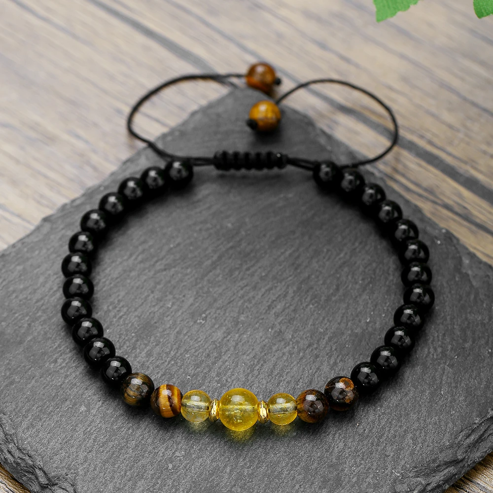 

Unique Natural Stone Obsidian Topaz Adjustable Beaded Bracelet New Fashion Men's Hand-Beaded Braided Bracelet Mens Gifts