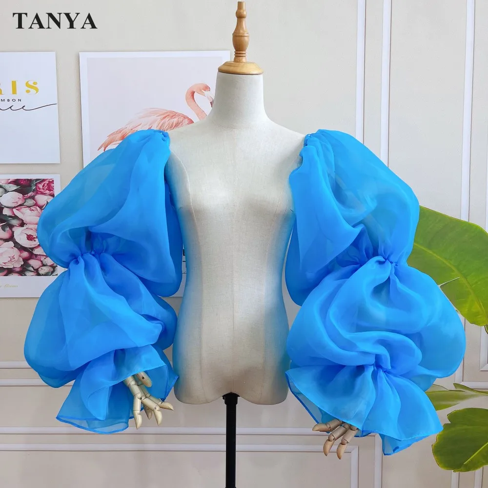 Sky Blue Organza Puffy Detachable Sleeves For Wedding Up And Down Party Translusent Elegant Full Length Gloves Dance Accessories