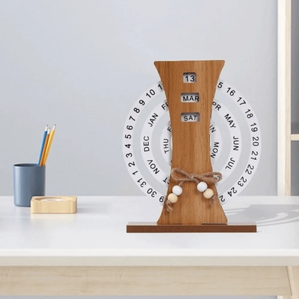 

Aesthetic Wooden Perpetual Calendar Reusable Moon Manual Rotating Desk Calendar Ferris Wheel Home Decoration
