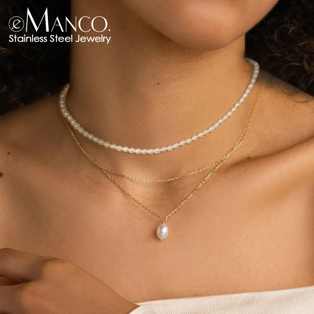 E-manco-collar de cadena en capas para mujer, cadena de color dorado, collar de perlas de imitación, gargantillas geométricas para mujer
