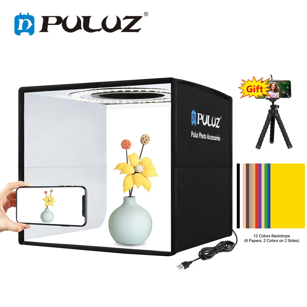 PULUZ 25cm Photo Studio Light Box with 12 Colors Background Mini Tabletop Lightbox Photography Soft Shooting Box Tent Ring Light