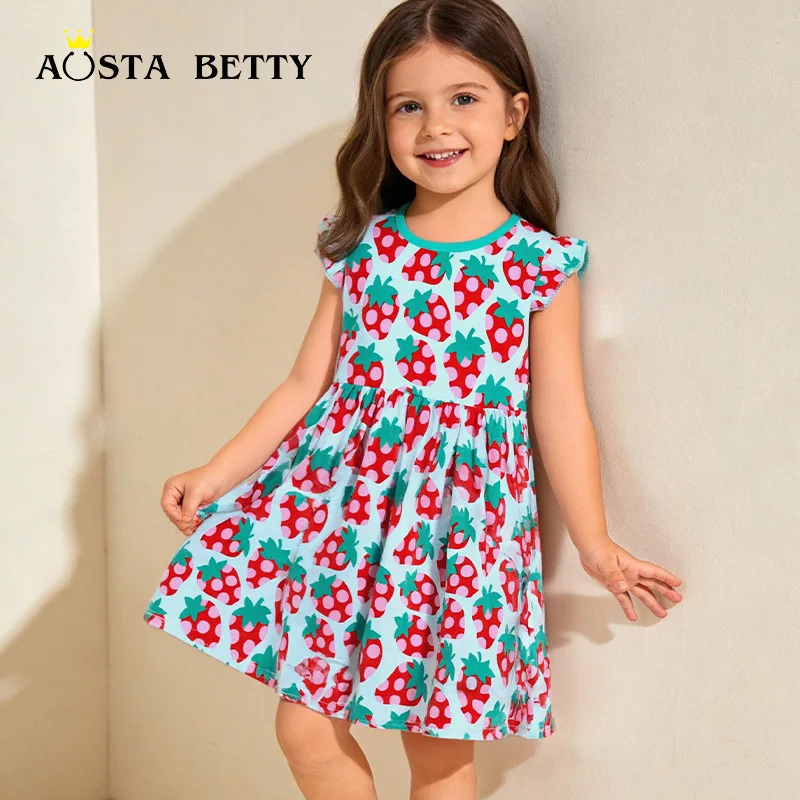 Strawberry print girls' dress, knitted cotton sleeveless princess dress for toddlers and young children