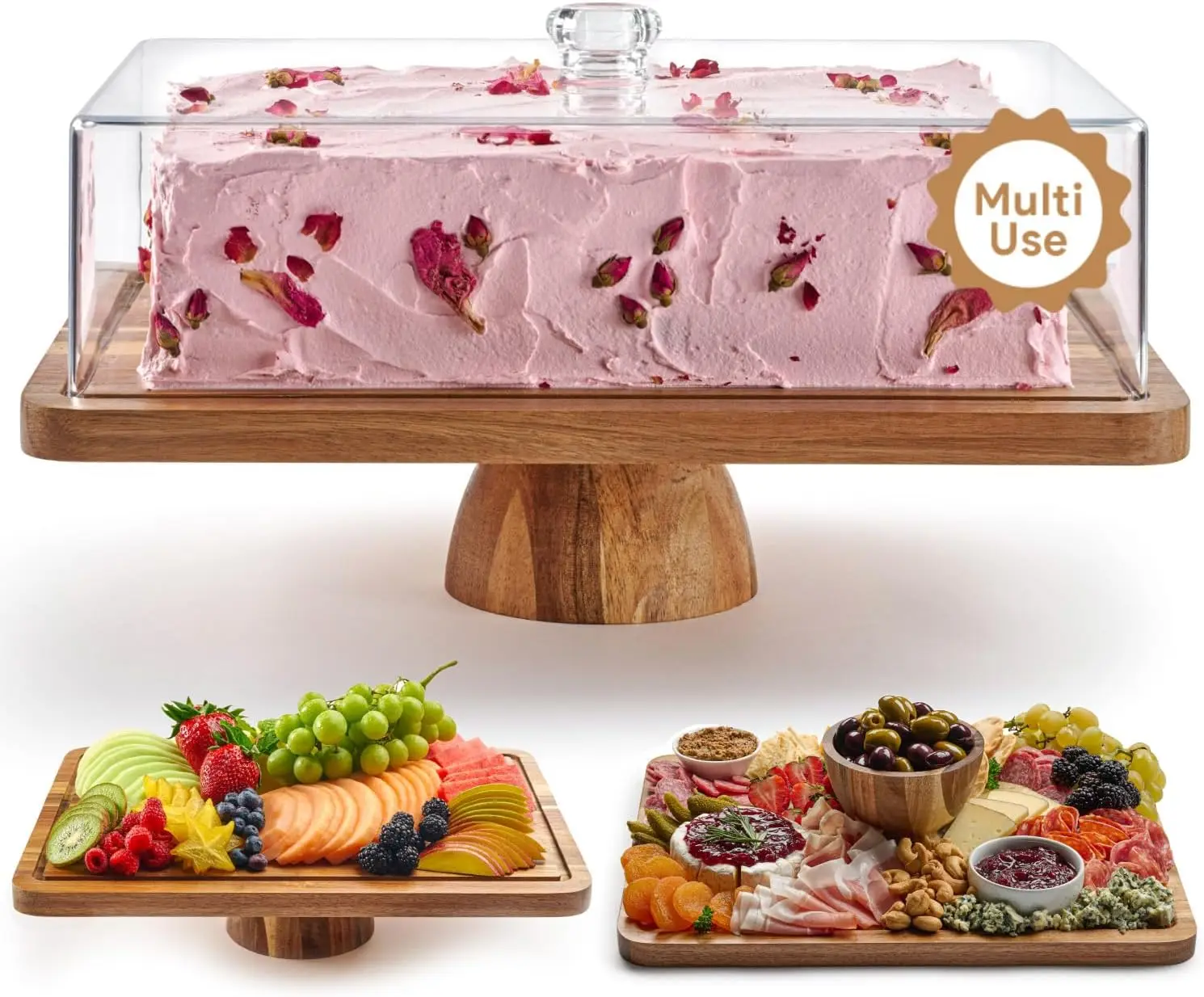 

Acacia Wood Christmas Cake Stand with Lid, 2-in-1 Dessert Display & Charcuterie Board for Cheese and Chips