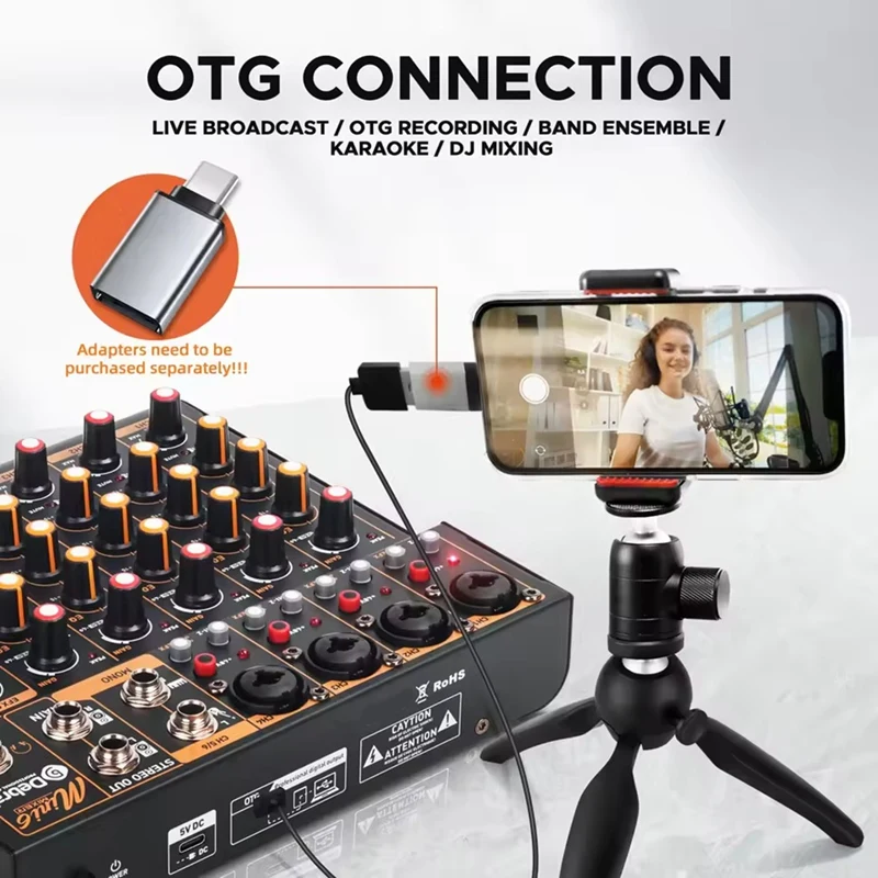 Mini 6 6-Channel Audio Mixer DJ Mixer with Bluetooth 5.0 OTG Reverb 48V Sound Card for PC Recording, Live Mixing US Plug