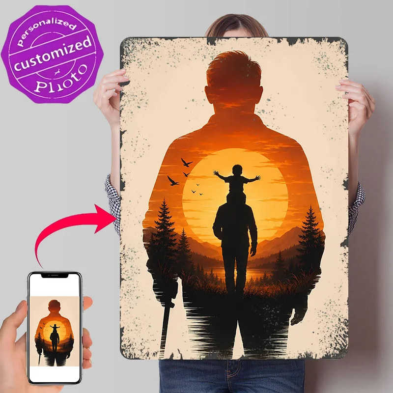 Father and Son Silhouette At Sunset 3D Printed Texture Poster Personalized Wall Art Retro Metal Tin Signs for Gamer Decoration