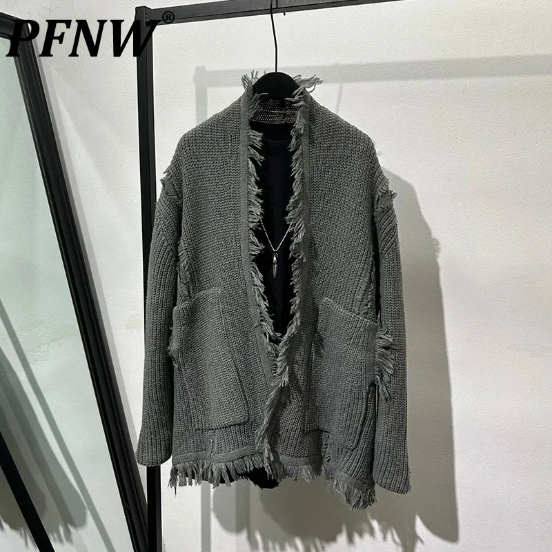 PFNW High Quality Wide Fur Edge Men's Knitted Cardigan Design Feeling Popular Worn Out Vintage Sweater Autumn Winter New 21Z2945