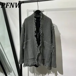 PFNW High Quality Wide Fur Edge Men's Knitted Cardigan Design Feeling Popular Worn Out Vintage Sweater Autumn Winter New 21Z2945