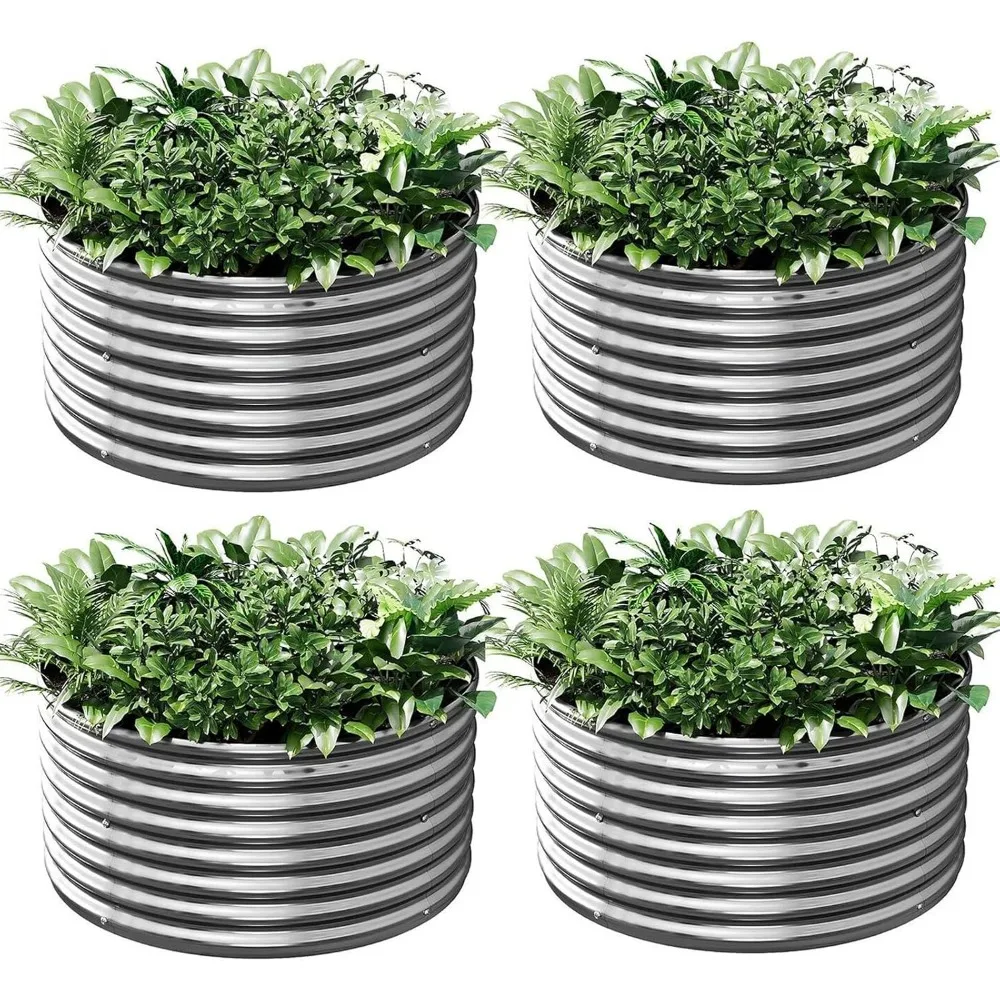 

4 Pack Round Galvanized Raised Garden Bed, Metal Outdoor Planter for Vegetables Flowers, 2FT Steel Gardening Box