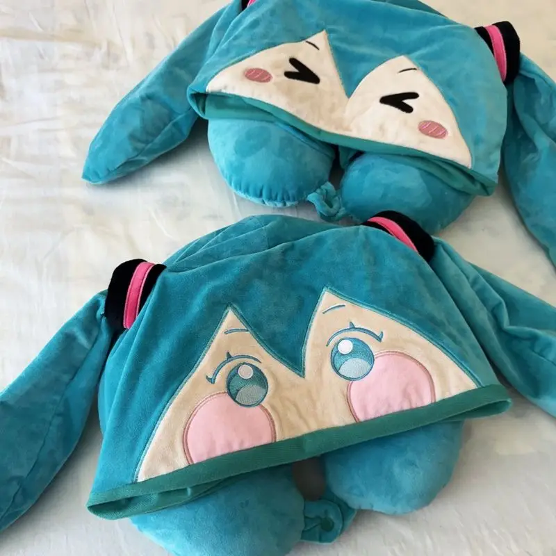 Anime Cartoon Hatsune Miku Hooded U-Shaped Pillow Hooded Travel Airplane Cute Kawaii Neck Pillow Winter Warm Hat Pillow