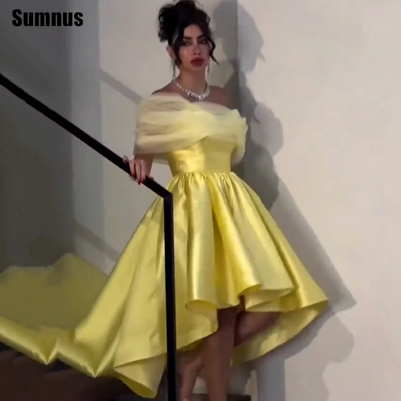 

Sumnus Elegant Yellow A-Line Evening Dress Tulle Off Shoulder Draped High/Low Prom Dresses فساتين سهرة Customized