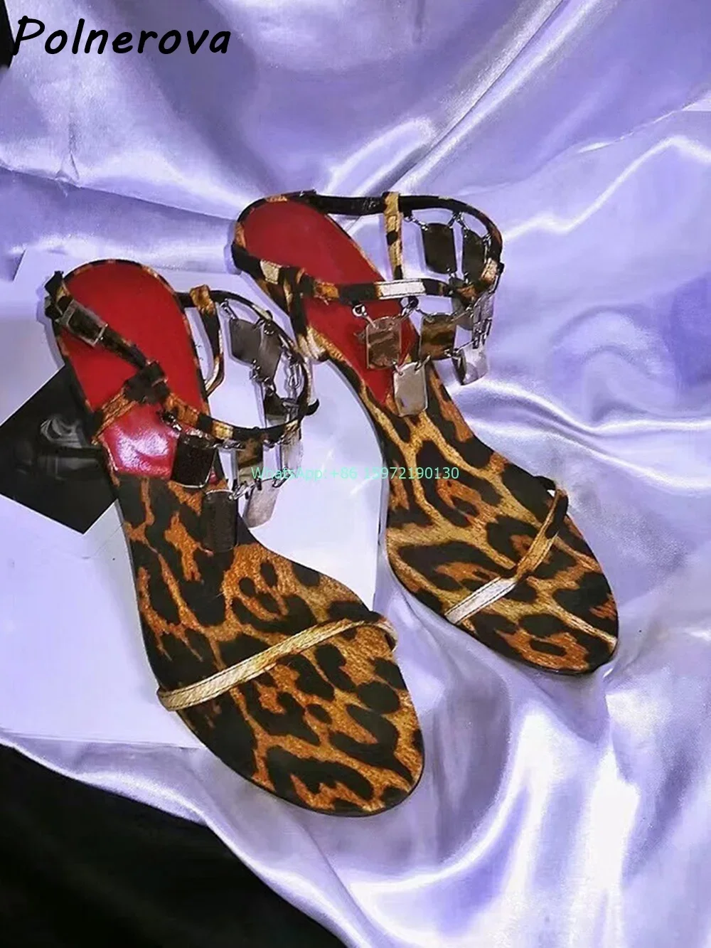 Leopard Metal Fringe Sandals Round Toe Thin Heels Straight Strap Shoes Ladies Fashion Sexy Runway Street Shoot Stiletto Shoes