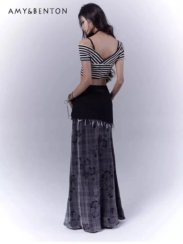 Originele geruite retro rozenprint denim stiksels veelzijdige rok vrouwen subcultuur goth hoge taille fishtail rok straat y2k rok