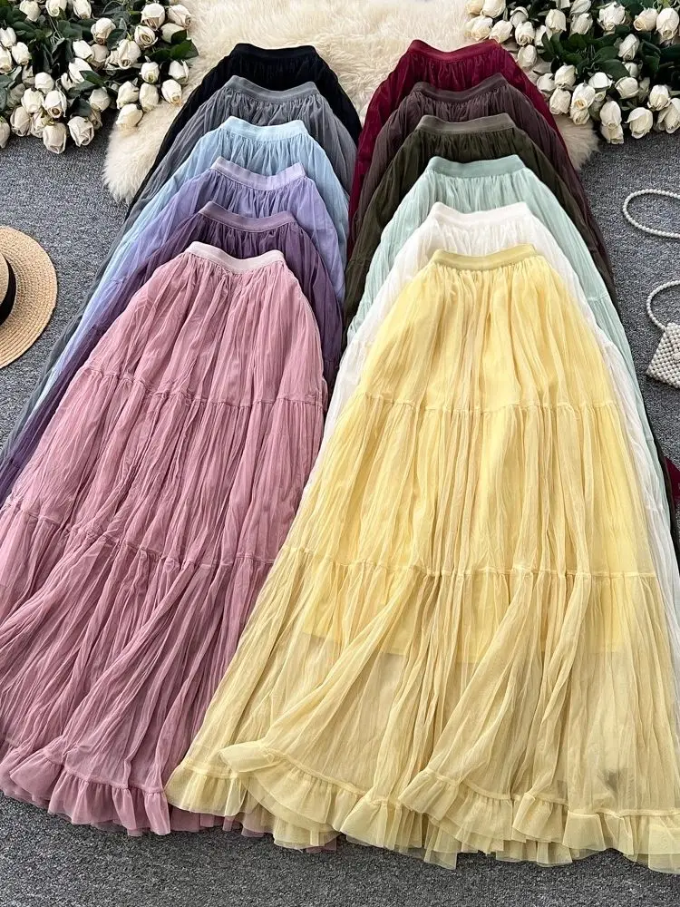 

Нежная пышная юбка-полусолнце из сетки с оборками во французском стиле, однотонная, средней длины, новинка весенней коллекции.