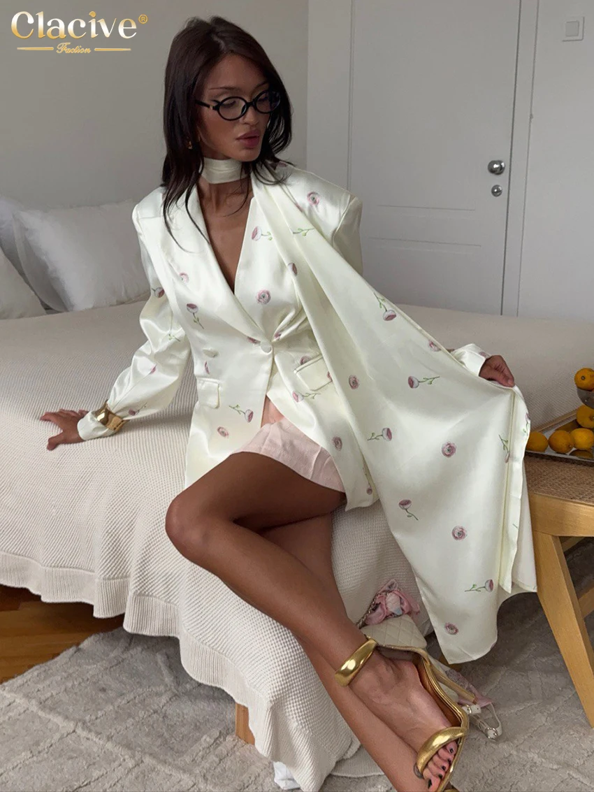 Clacive Fashion Loose Print Women's Shirt 2025 Casual Lapel Long Sleeve Lady Shirts Elegant Classic Lace-Up Top Female Clothing