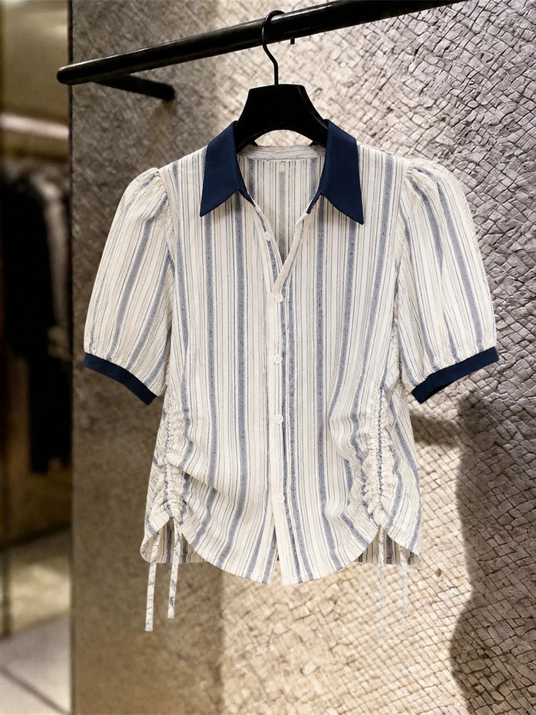 

Commuter Style Striped Color Block Short Sleeve Shirt Drawstring Slimming Fashionable Top for Women in Summer 2026