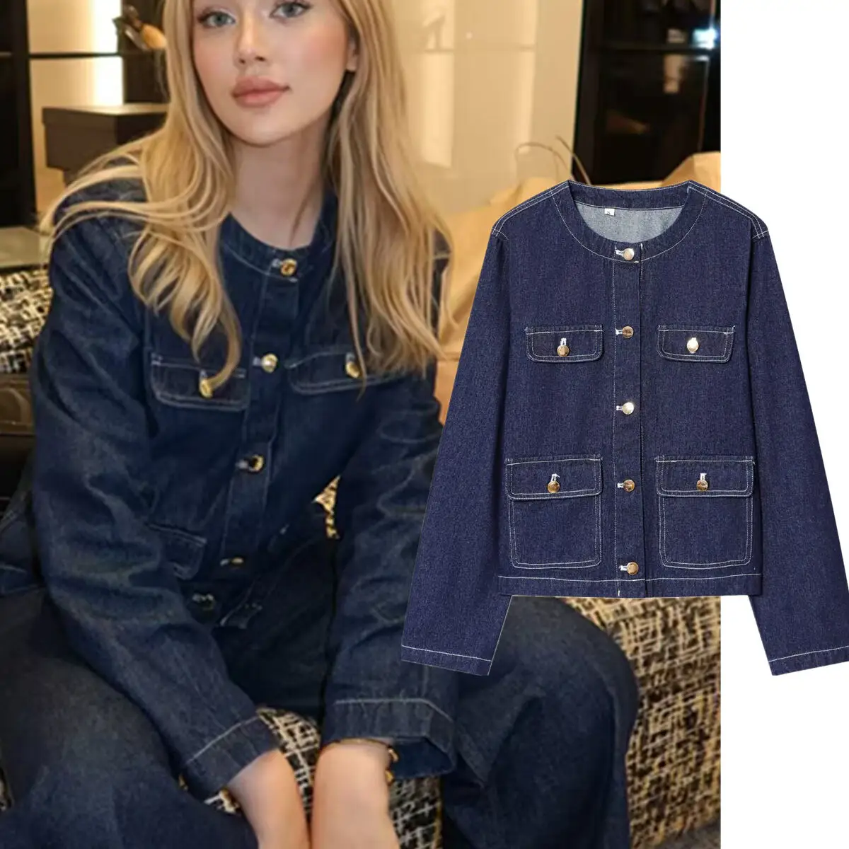 

Maxdutti Nordic Minimalist Round Neck Single Breasted Denim Jacket Women Autumn Casual Jacket Women Tops