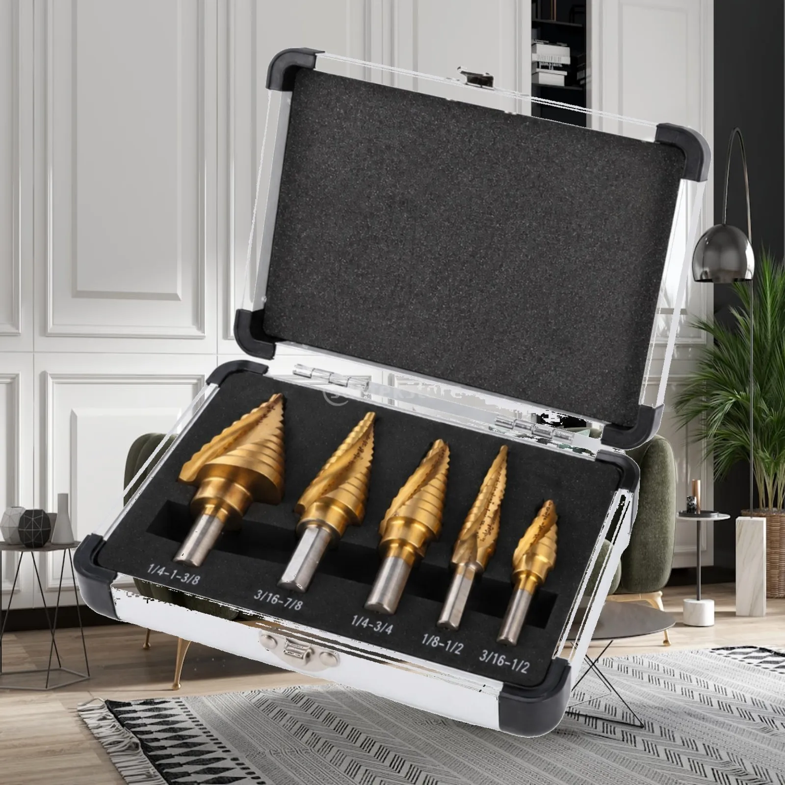 5pc Spiral Step High Speed Steel Cone Cutter Set Aluminum Storage Case for Diy Workshop Multifunctional Tools