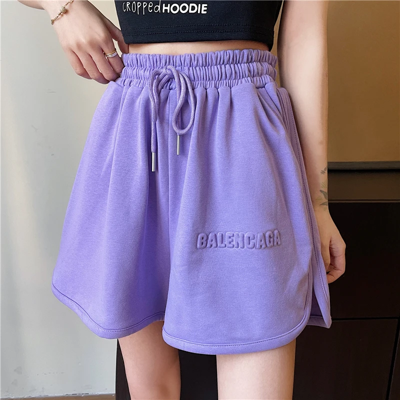 

Women Shorts Summer 3d letters Wide Leg Sweat Short High Elastic Lace Up Pants Fitness Running Shorts Loose Casual Large Sports