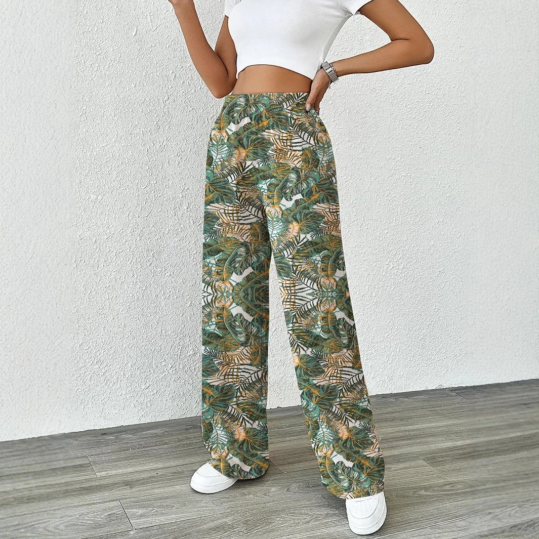 Faionable Lose Hose mit weitem Bein, lässige, gerade geschnittene Hose für Damen, bedruckt, All-Match-Frühlingssaison, elastisches Taillenband