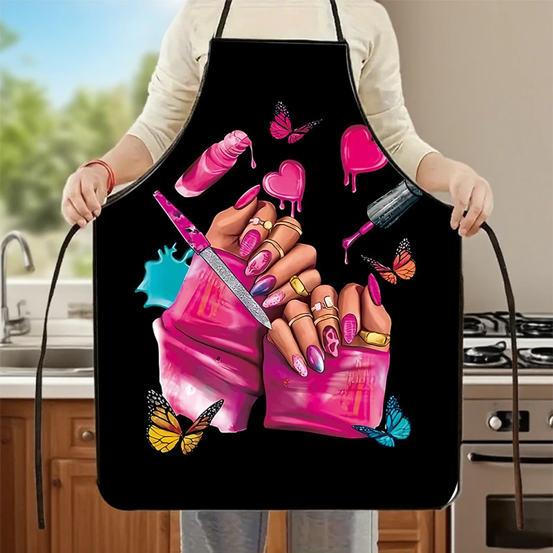 Cute Pink Nail Art Print Salon Apron, Waterproof Adjustable Black Nail Tech Work Apron Stain Resistant Uniform for Nail Technicians Beauty Salon Staff