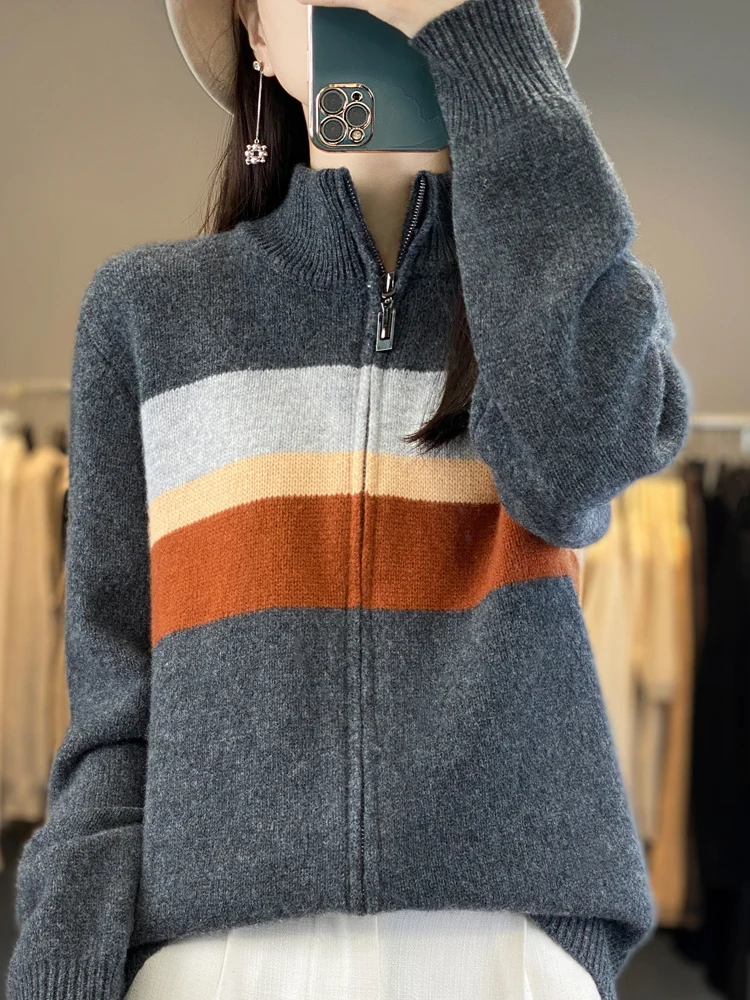 Autumn Winter Women Zipper Cashmere Sweater Thick Contrast Color Cardigan 100% Merino Wool Knitwear Female Soft Mock  Neck Coat