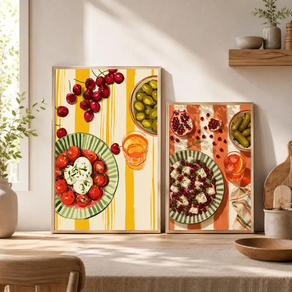 Mediterranean Food Flat Lay Poster Stickers Painting Self-Adhesive HD Art for Bedroom Living Room Home Decor Wall Decals Gift
