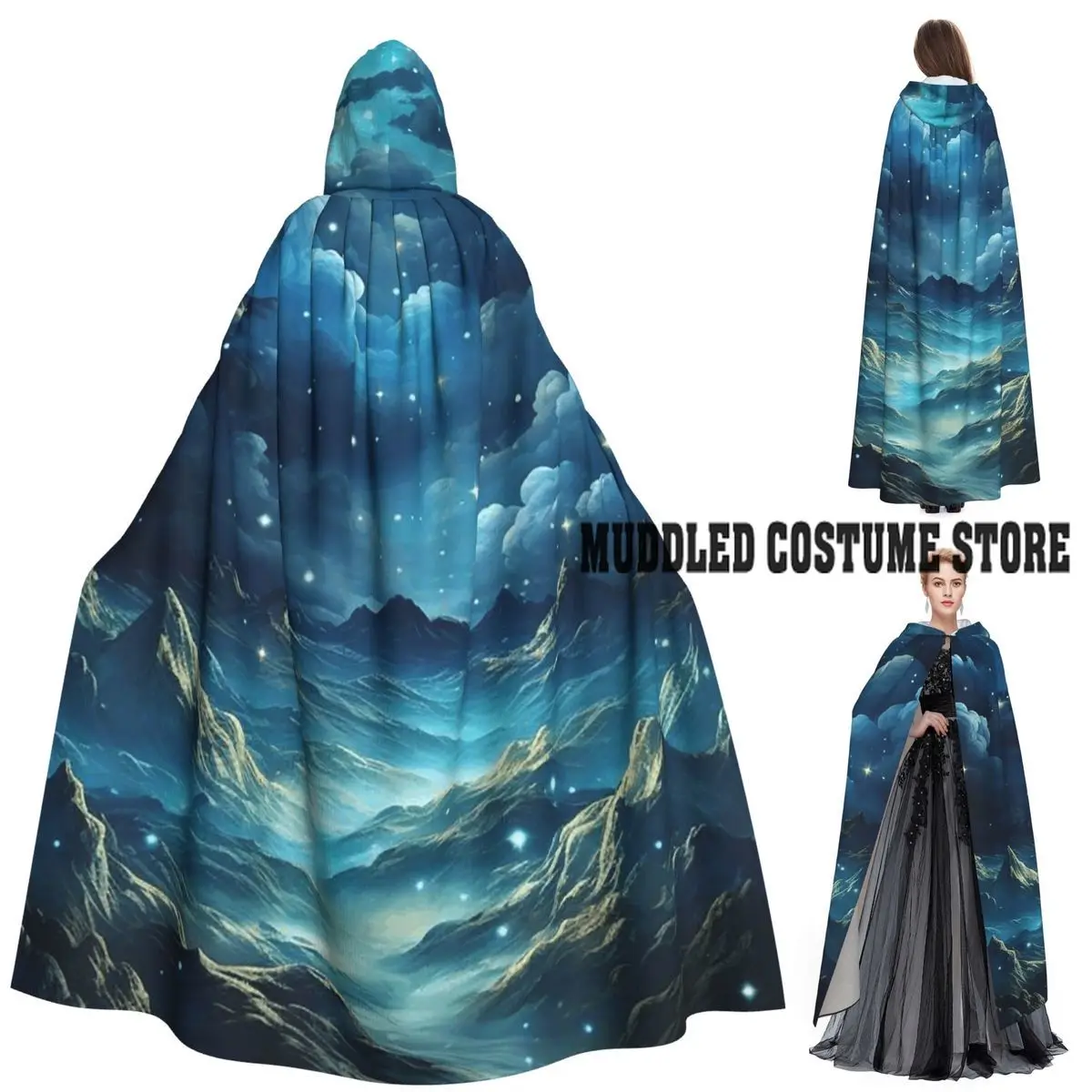 

Длинный плащ с капюшоном «Звездное ночь», средневековый костюм ведьмы, накидка для косплея, Хэллоуин, вечеринка, унисекс для взрослых