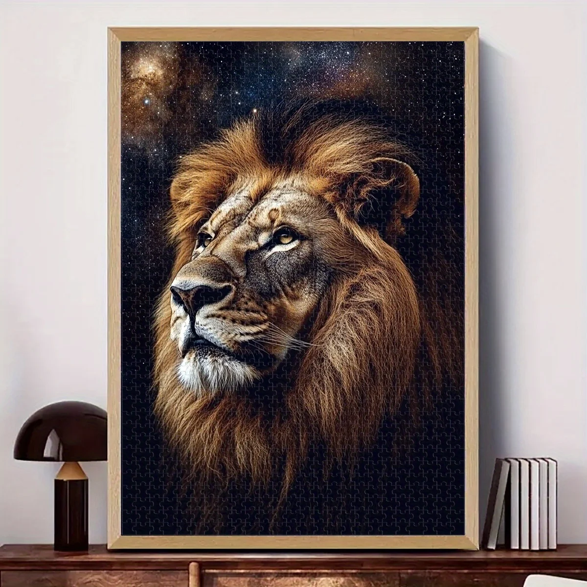 500/1000 قطعة من أحجية الصور المقطوعة الخشبية على شكل أسد السماء المرصعة بالنجوم - أسد مهيب مع خلفية المجرة الكونية، ألوان نابضة بالحياة، تحدي Br