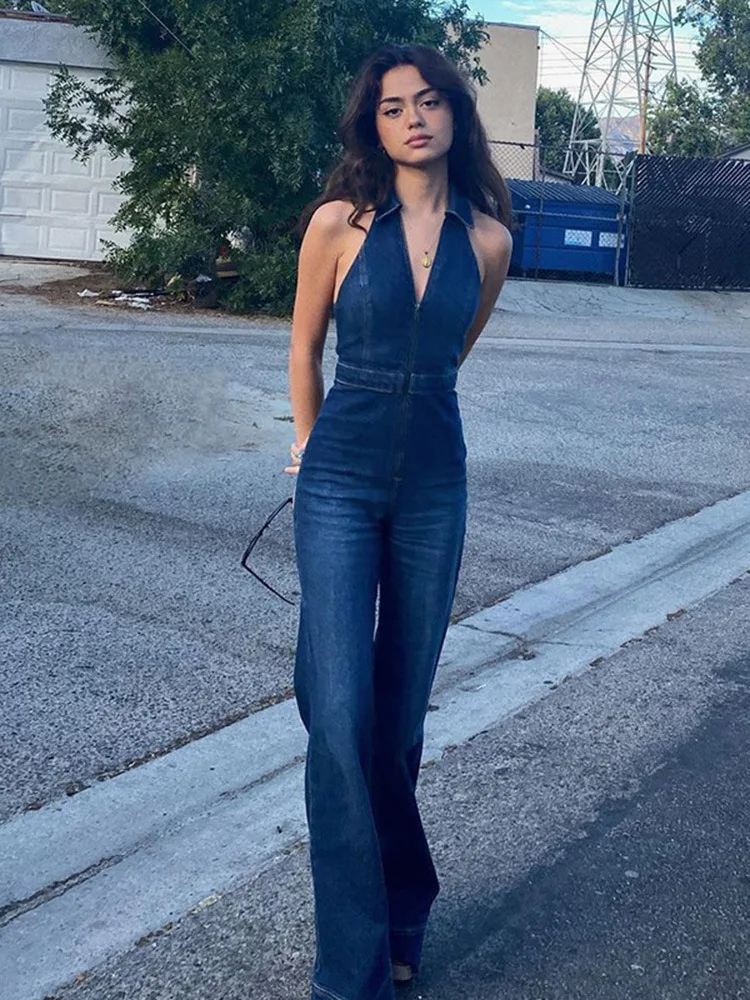 

BKLD Fashion Retro Style Y2k Clothes Women Turn-Down Collar Zipper Denim Sleeveless Long Pants Jumpsuits One Pieces Outfits