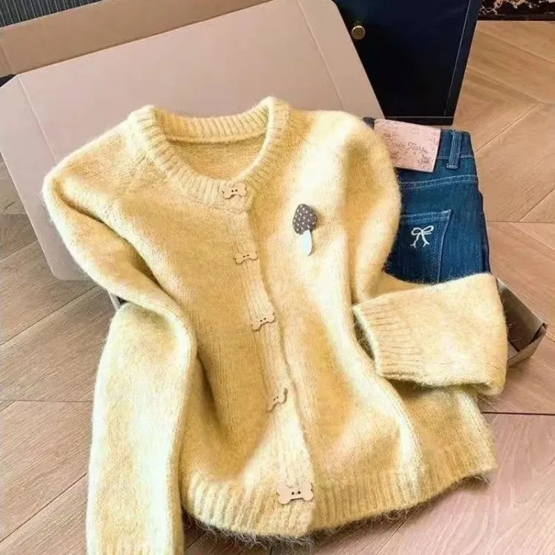Women Lazy Style Knit Cardigan Loose All Match Long Sleeve Round Neck Slim Hide Fat Autumn Sweater Coat