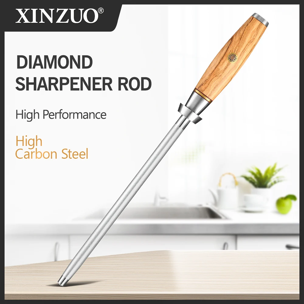 New XINZUO 228mm High Quality High Carbon Steel With Diamond Sharpeners Kitchen Knife Sharpening Rod Tool with Olive Wood Handle