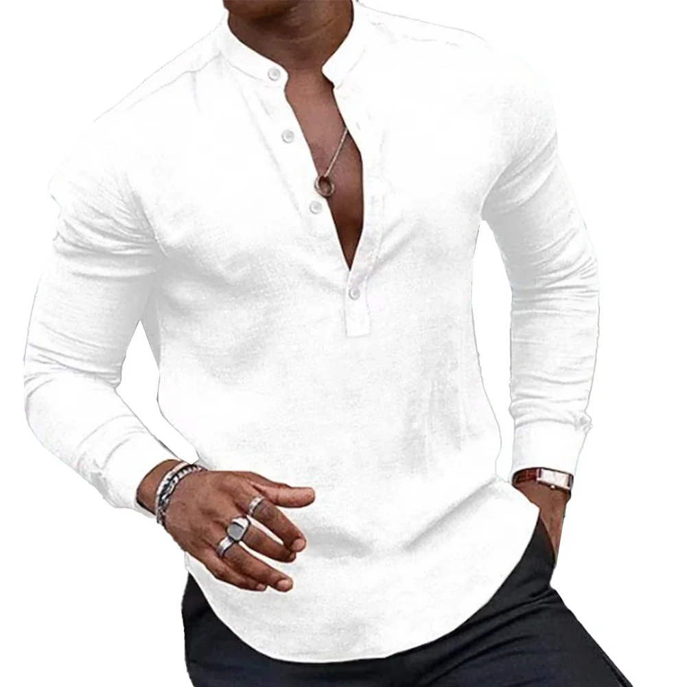 

Fashion Men's Casual Long Sleeve Shirts Button Stand Collar Shirt And Blouse Henley V-Neck Tops Men Pullovers Clothes