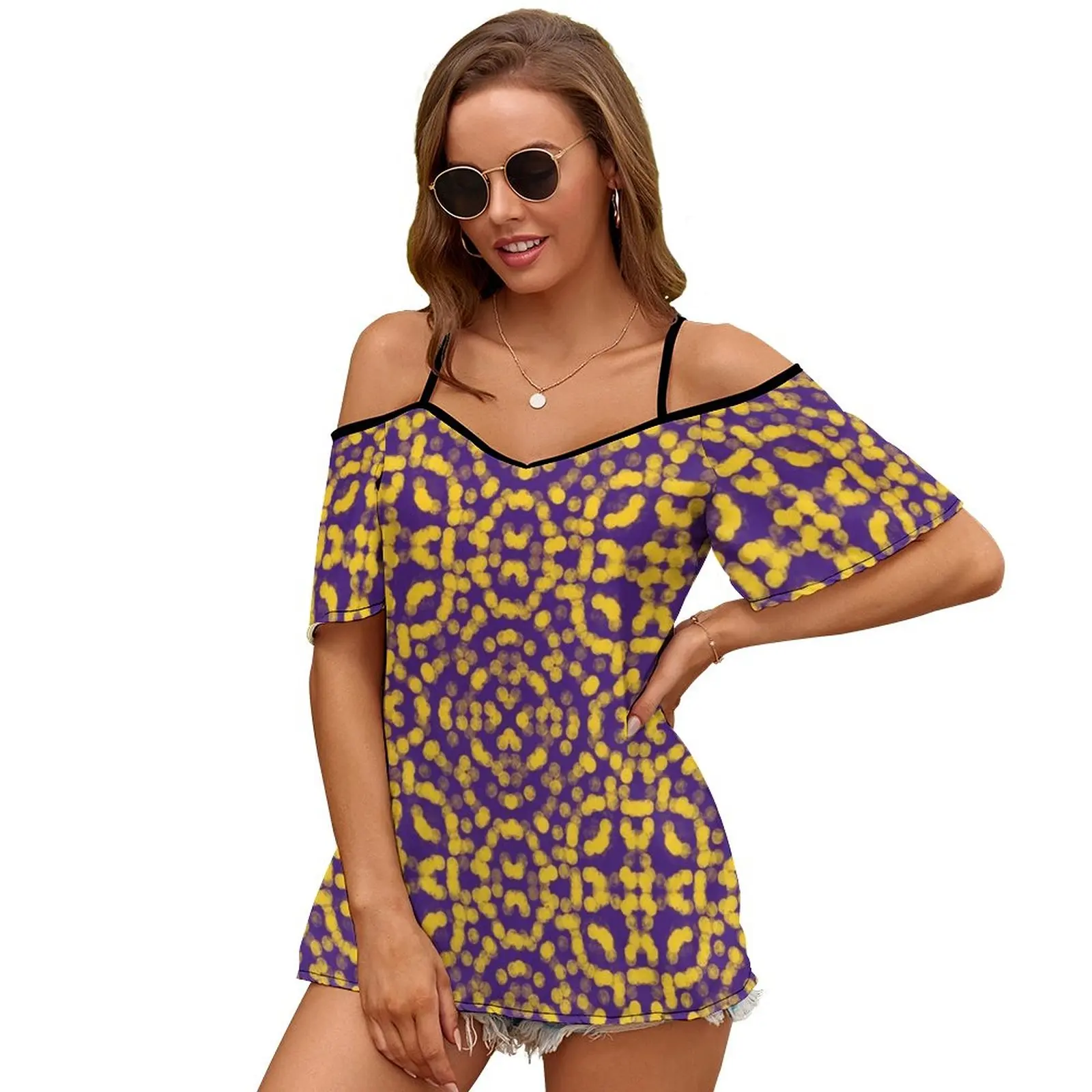 Artsy Purple And Gold Yellow Game Day Pattern New Fashion Zip Off Shoulder Top Short-Sleeve Women Shirt Purple Yellow Gold Lsu