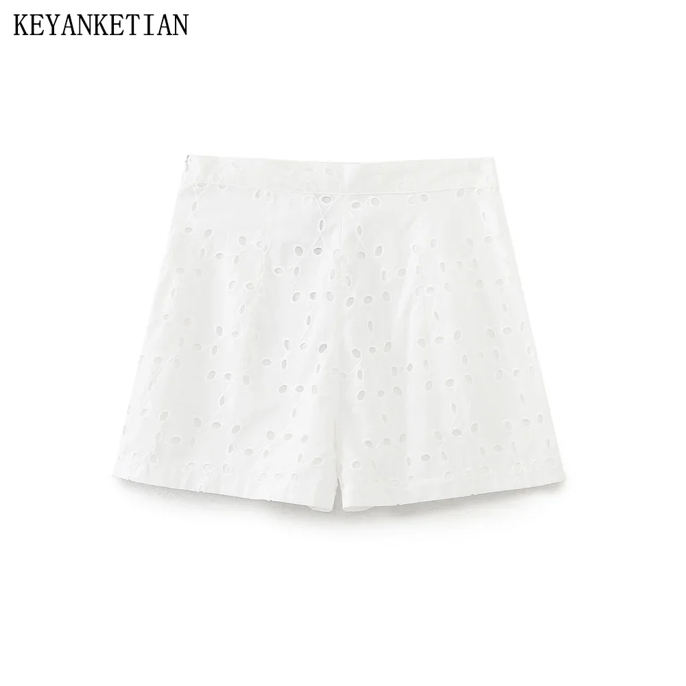 

KEYANKETIAN 2024 New Launch Women's Cut-out Embroidery White Shorts Bohemian Zipper High-Waisted Cotton Straight Leg Pants