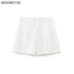 KEYANKETIAN 2024 New Launch Women's Cut-out Embroidery White Shorts Bohemian Zipper High-Waisted Cotton Straight Leg Pants