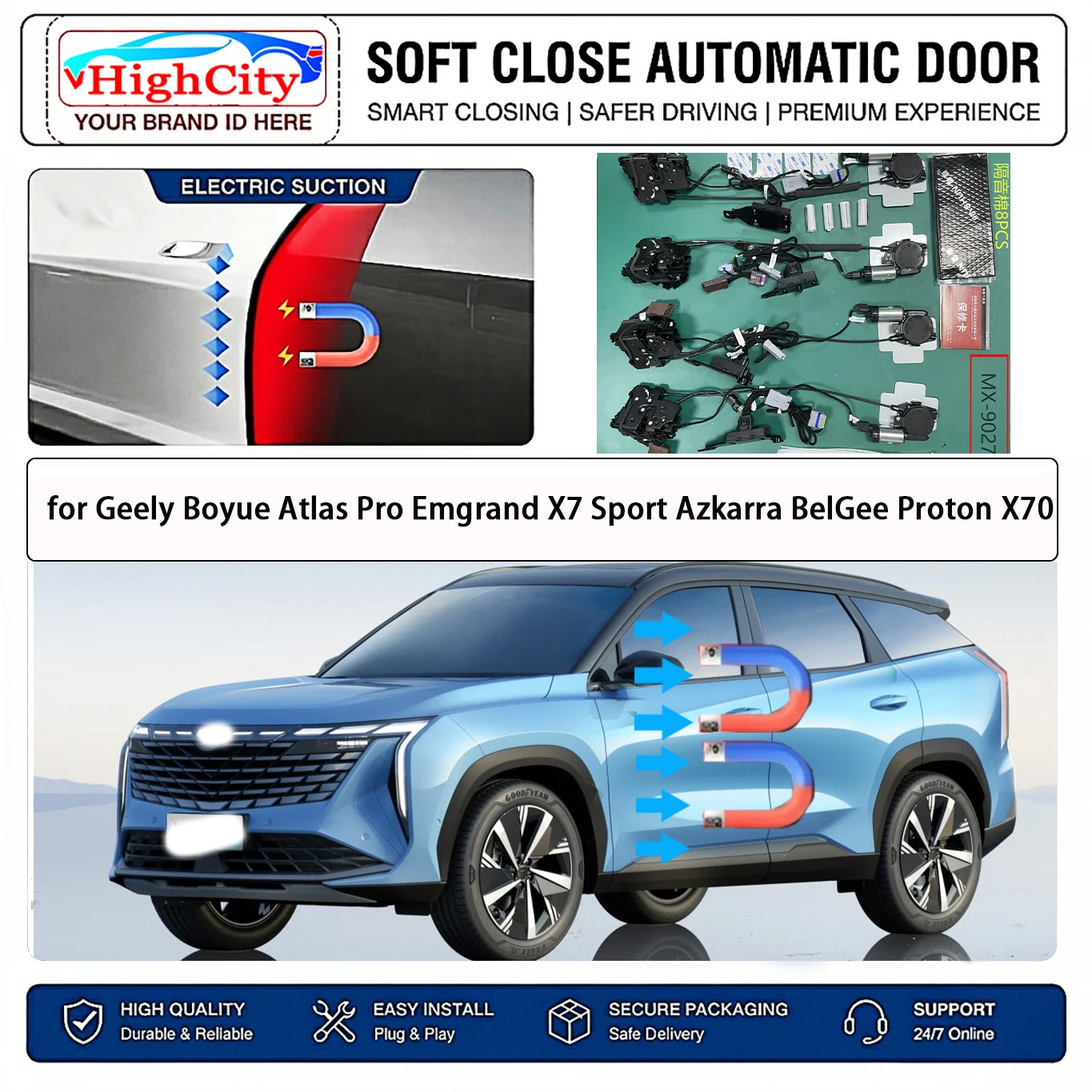 for Geely Boyue Atlas Pro Emgrand X7 Sport Azkarra BelGee Proton X70 Electric Suction Soft Close Door Kit Anti Pinch Cinch Latch