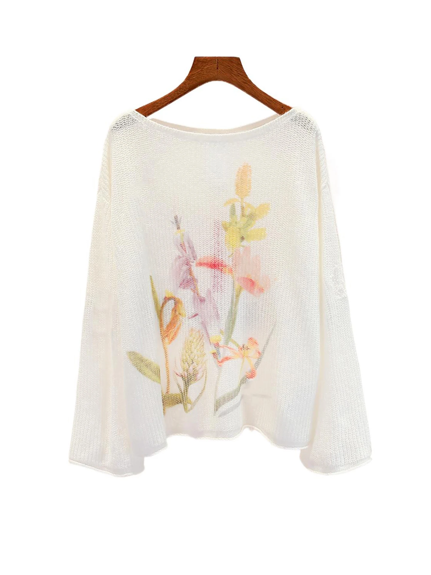 Ele Women's Knitted Top Iris Flower Hollow out Loose Fit Gentle Sle Commute Faion Long Sve round Ne Knitwear