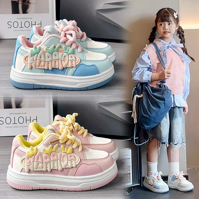 Girls Sneakers Letter 3D Adorn Stylish Kids Sports Shoes Spring Autumn Breathable Children Casual Non-slip Outdoors Board Shoes