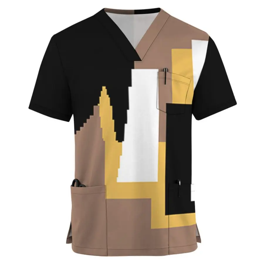 

Summer workwear men's caregiver V-neck contrasting splicing short sleeved professional attire