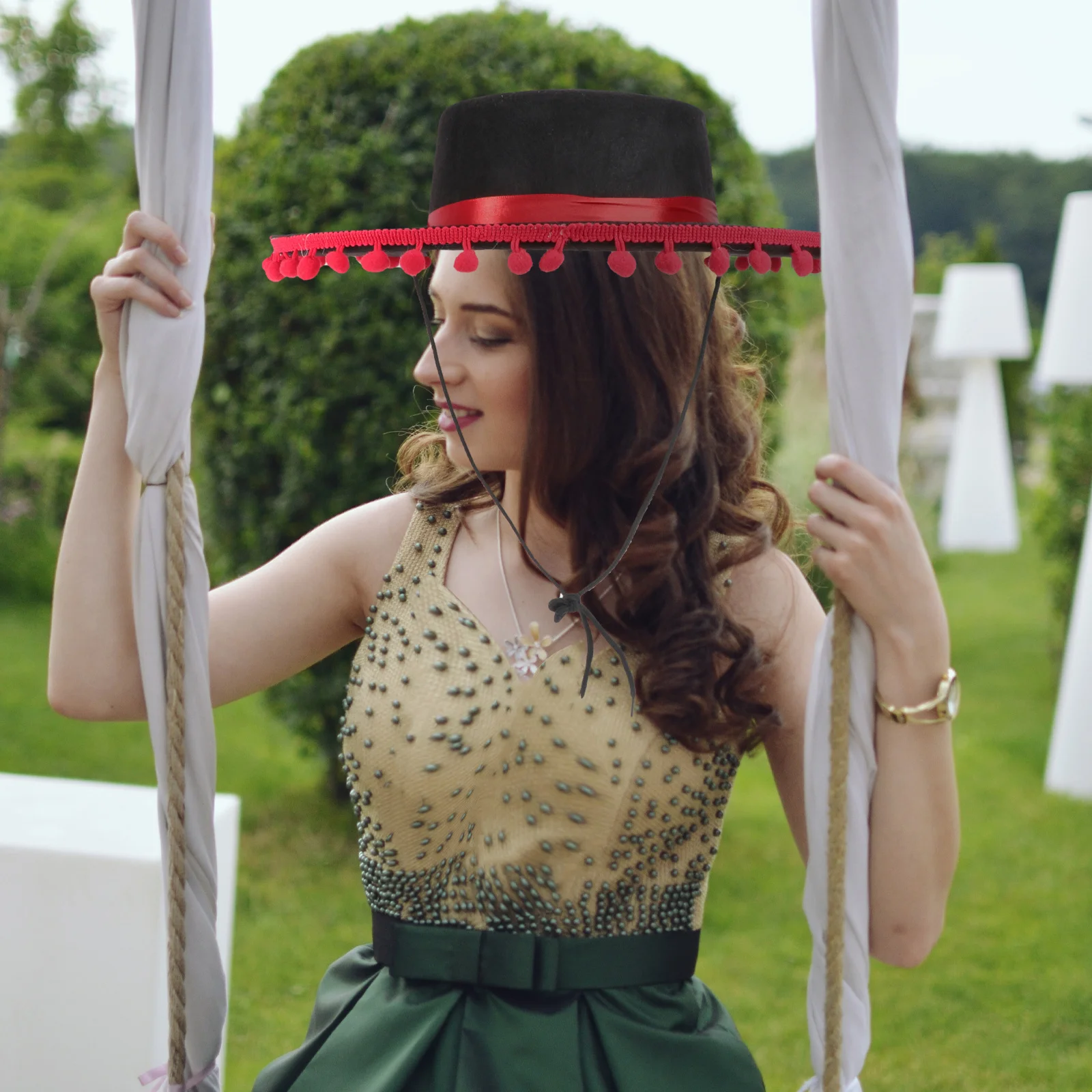 

Red Hair Ball Ribbon Felt Hat Lightweight Comfortable Mexican Hat Classic Style Perfect Daily Formal Event Dancing Party