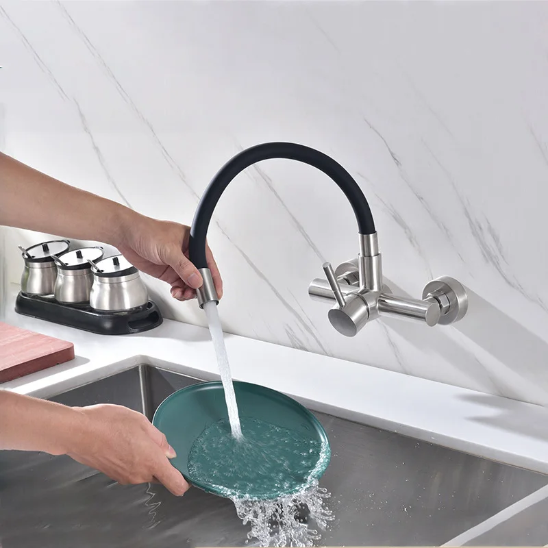 Kitchen Faucet Flexible Universal Pipe Black Hose Wall Mount Vegetable Wash Sink Cold Hot Mixer Tap Laundry Vanity Vessel Crane