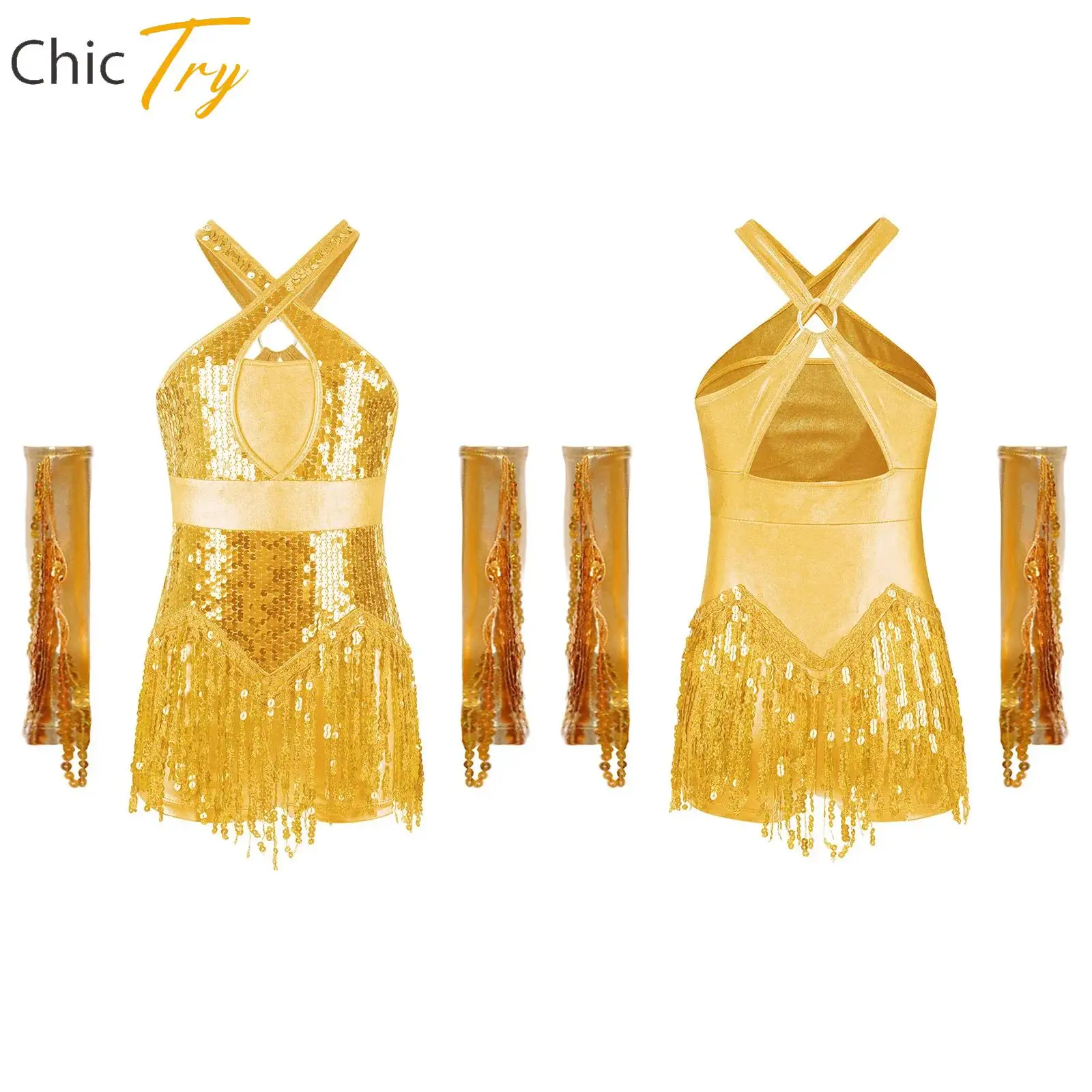 キッズガール体操ラテンジャズダンス衣装フィギュアスケートチャチャダンスパフォーマンスセットスパンコールタッセルレオタード+手袋セット