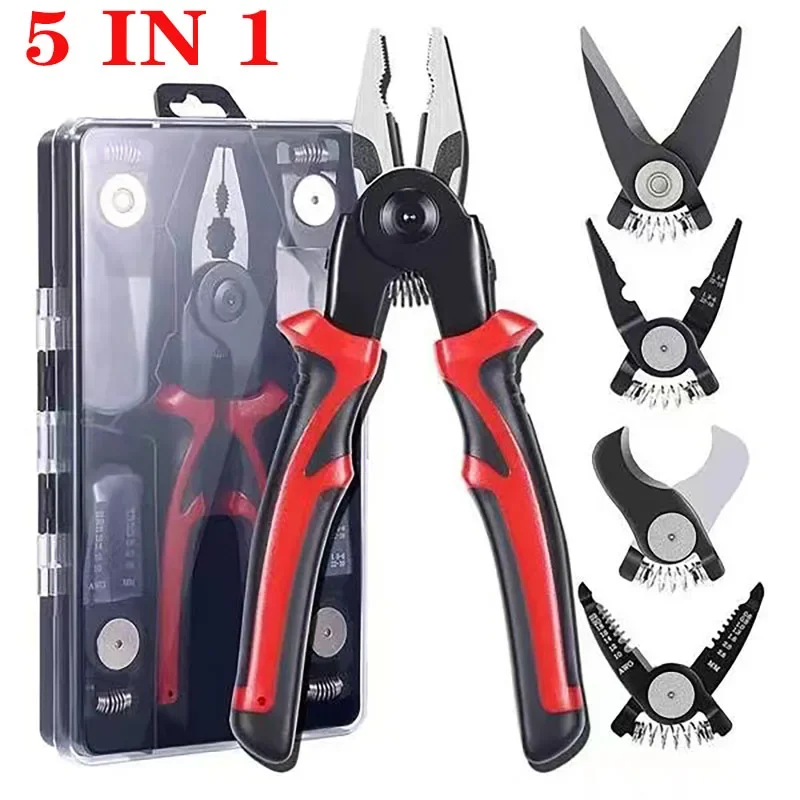 5 In 1 Versatile Tool Kit, Plier Tool Set Multifunct Interchangeable Pliers Head Wire Stripper Crimping Tools Sheet Metal Shear