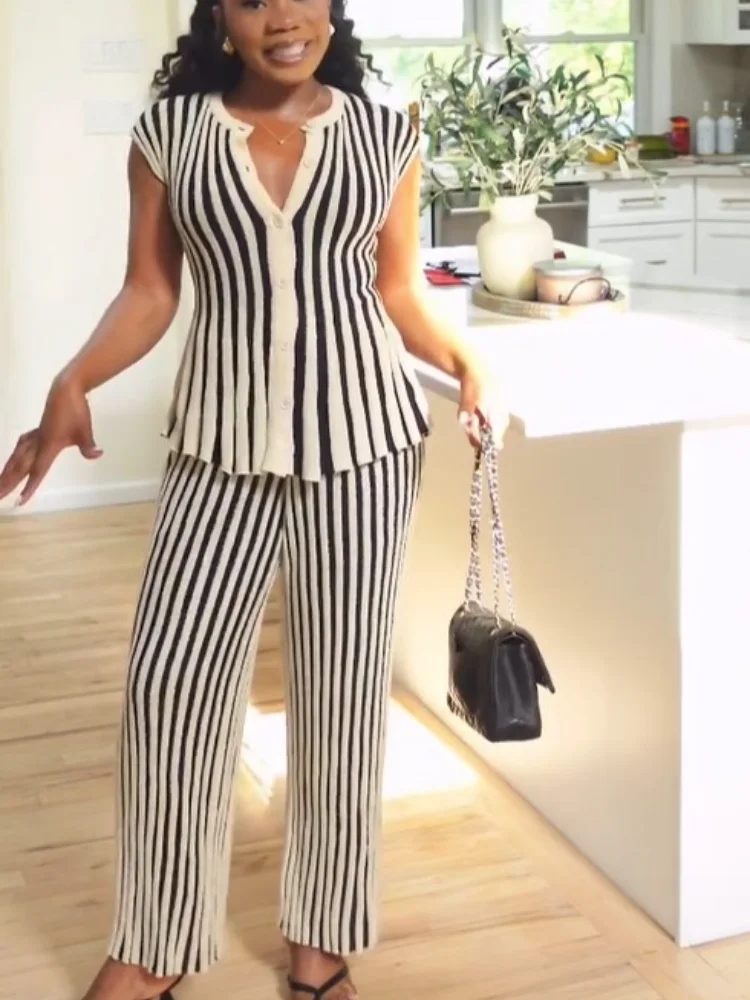 Stripe Pattern Skinny Pants Sets Street Women V-neck Sleeveless Single Breasted Ruffled Edges Tops Suits New Fashion Outfits