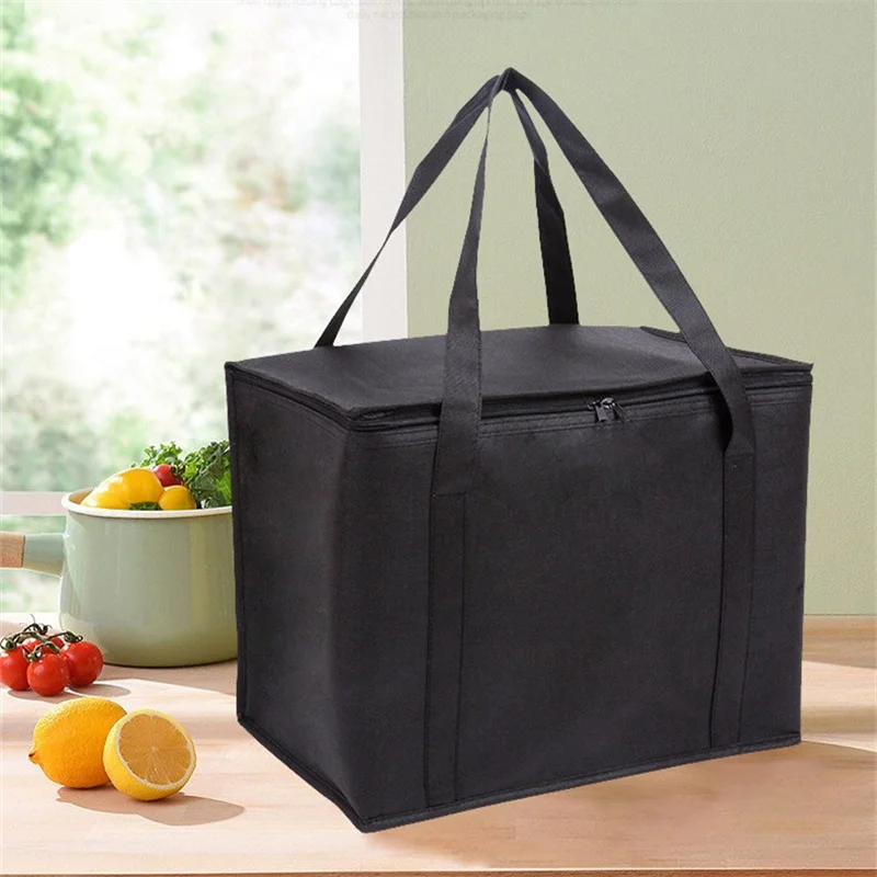 Bolsa de almuerzo aislada Bento, bolsa térmica de gran capacidad tejida, negra, reutilizable, para Picnic al aire libre, bolsa de hielo portátil