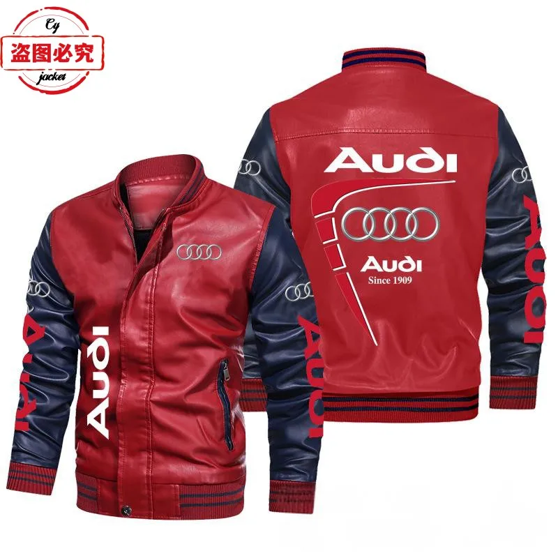 Car LOGO printing color matching retro washed pu leather jacket Audi men's bomber jacket racing suit overalls