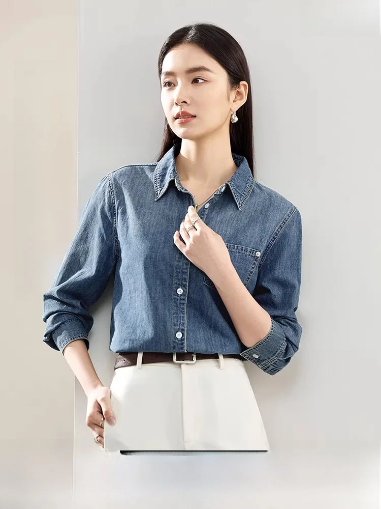 

Women's Pure Cotton Denim irt Long Sve Loose Fit Color Outerwear Top Waed Sle Faionable Layering Design