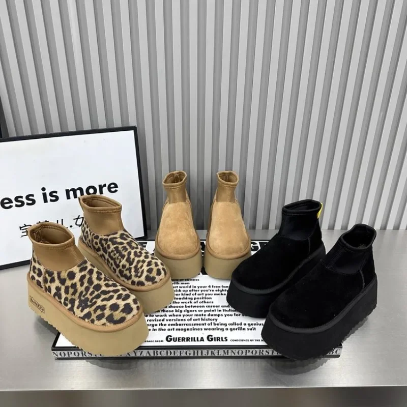 Leopard Print Thick Sole Women's Snow Ankle Boots Designer Flat Shoes Casual Shoes Short Plush Cotton Shoes Trendy Warm Winter