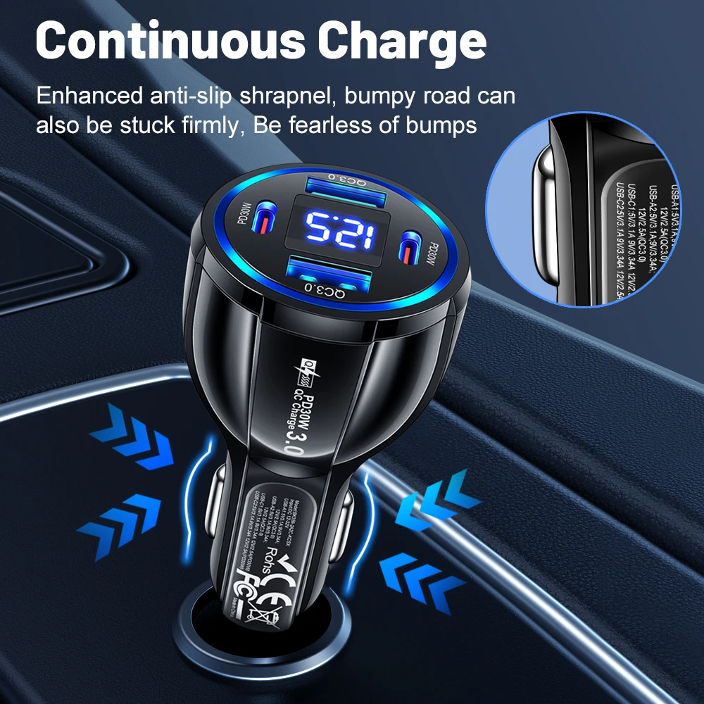 100W 4 Port Car Charger Fast Charging USB C Car Phone Charger For iPhone 15 Samsung Xiaomi Digital Display Car Cigarette Lighter