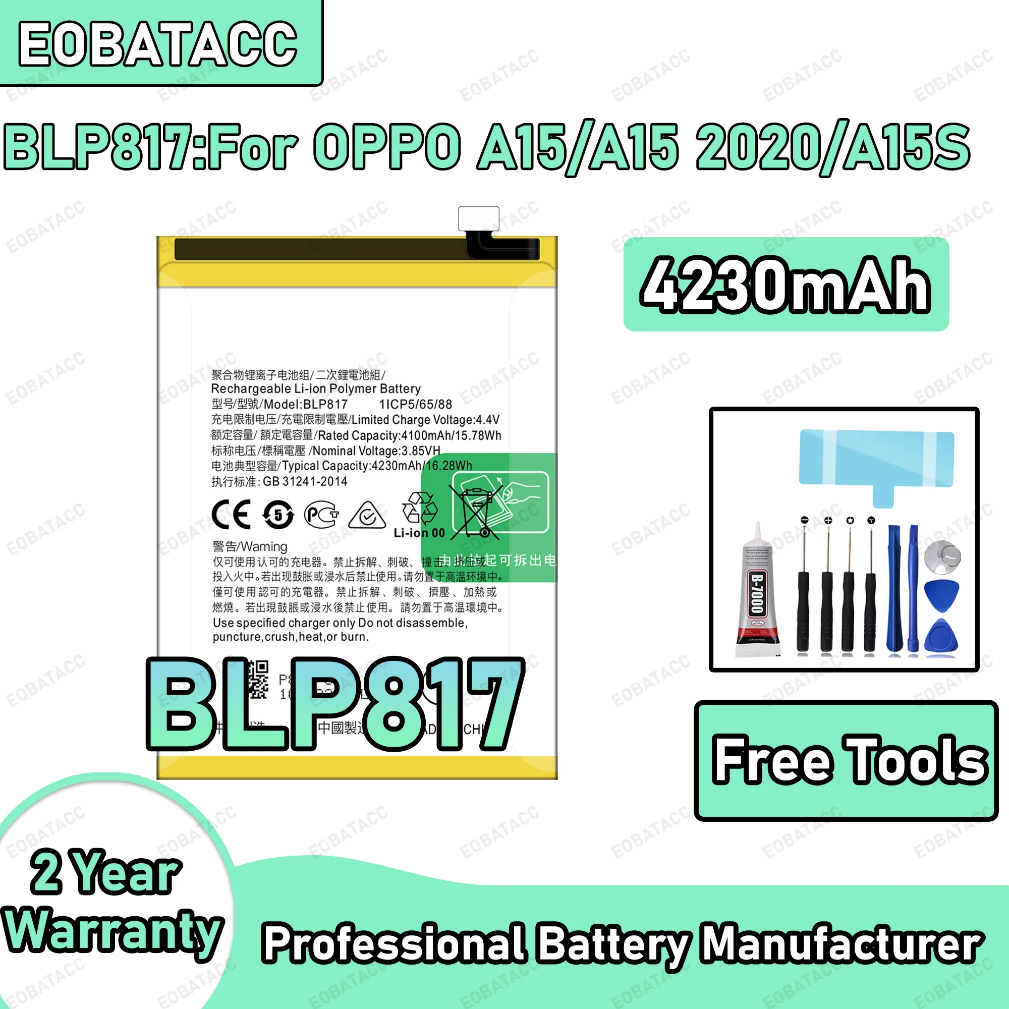 

4230mAh 100% New BLP817 Battery For OPPO A15/A15 2020/A15S Replacement Bateria+Free Tools